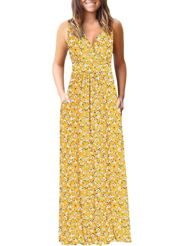 Women's Floral Stylish Sleeveless Formal V Neck Loose Cocktail Long Maxi Dress